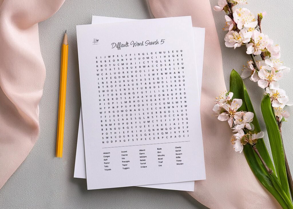 5 difficult printable word search puzzles - horizontal illustration