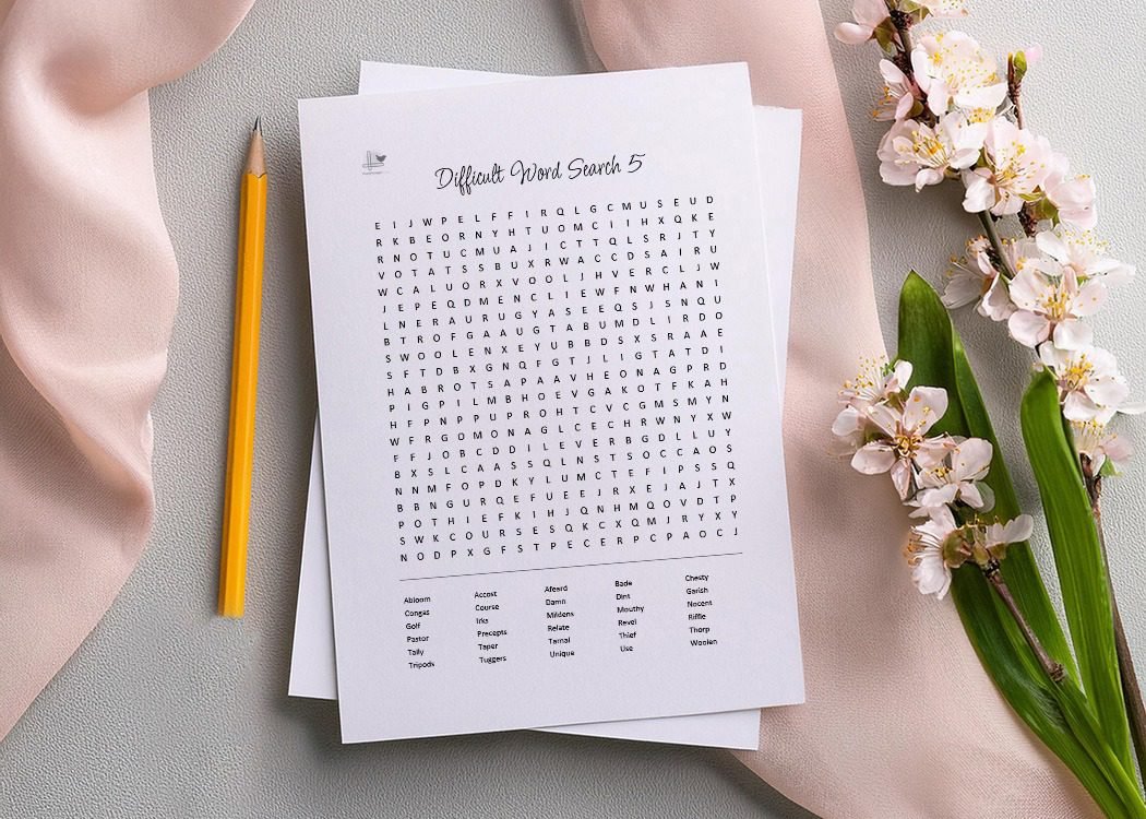 5 difficult printable word search puzzles - horizontal illustration