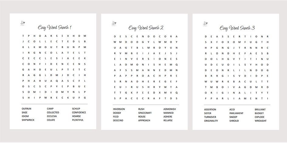 3 simple word search puzzles printable -illustration