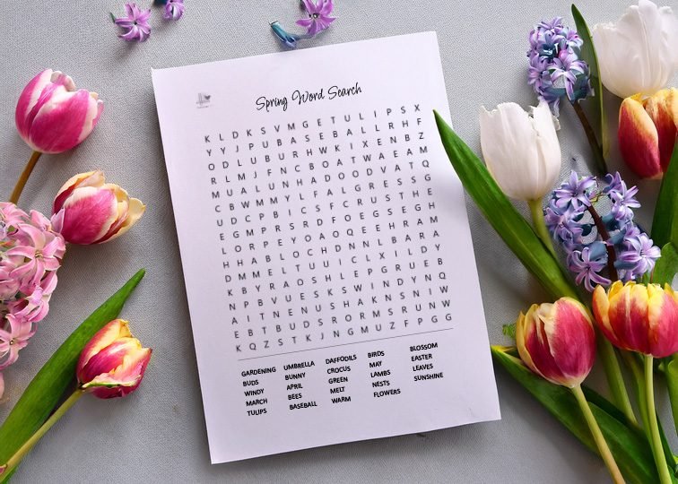 spring word search. free printable - horizontal illustration