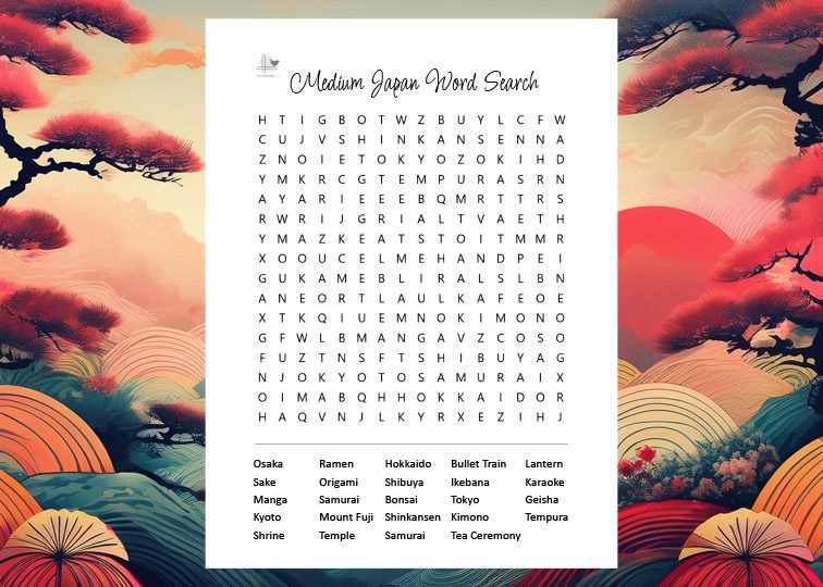 Explore Japan Free Medium Level Word Search - Illustration Horizontal