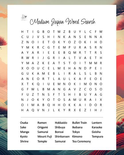 Explore Japan Free Medium Level Word Search - Illustration Vertical