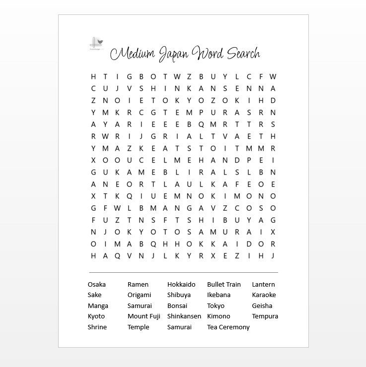 Explore Japan Free Medium Level Word Search - Illustration