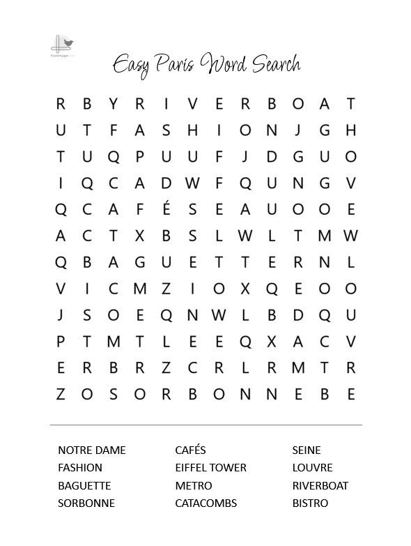 Paris Word Search Printable, Easy Level - Illustration