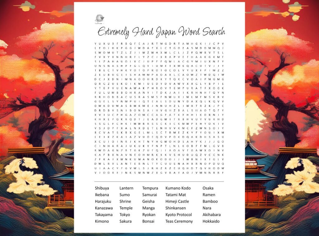 Extremely Hard Japan Word Search - Horizontal Illustration