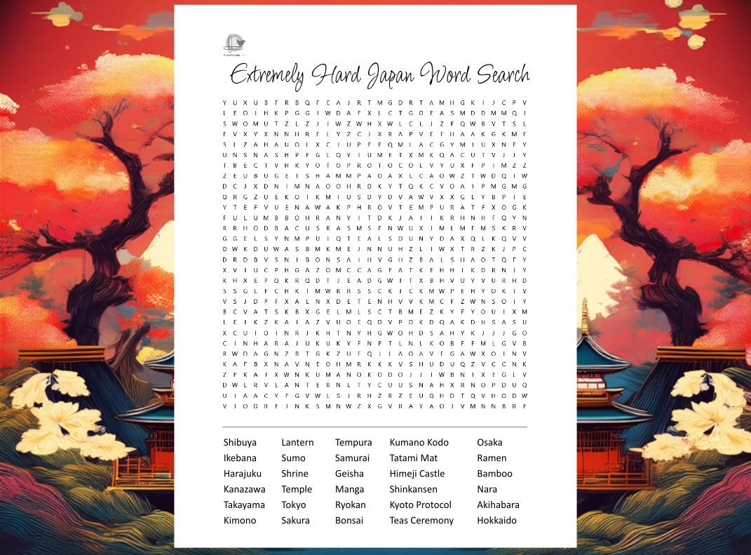 Extremely Hard Japan Word Search - Horizontal Illustration