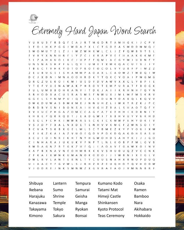 Extremely Hard Japan Word Search - Vertical Illustration