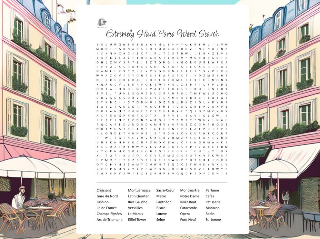 Extremely Hard Paris Word Search - Horizontal Illustration