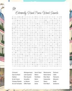 Extremely Hard Paris Word Search - Vertical Illustration