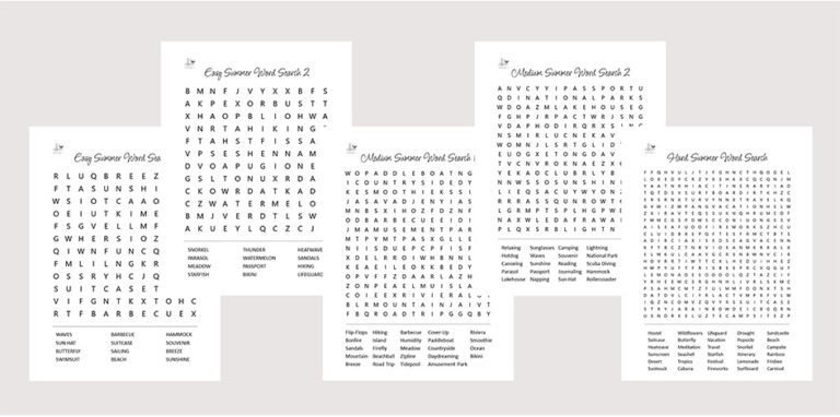 Mixed Summer Word Search Pack – 5 Easy to Hard Puzzles - PuzzleVoyager.com