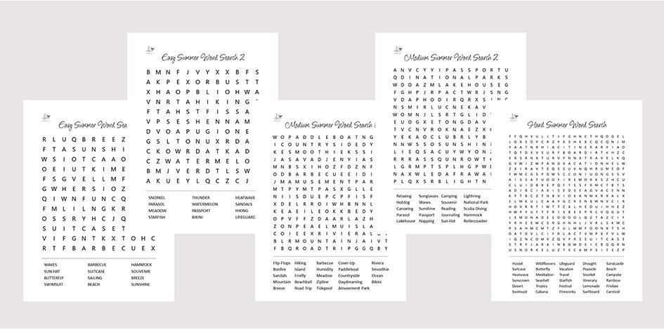 Mixed Summer Word Search Pack Easy to Hard Puzzles - Illustration