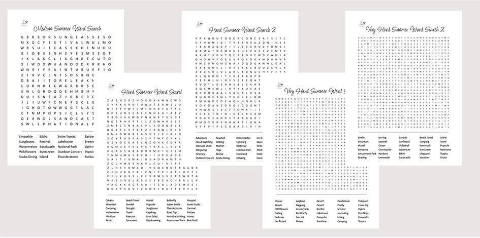 Summer Puzzle Bundle for Adults 5 Medium to Very Hard Word Searches - Illustration Summer Puzzle Bundle for Adults 5 Medium to Very Hard Word Searches - Illustration