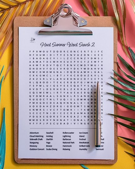 Summer Puzzle Bundle for Adults 5 Medium to Very Hard Word Searches - Vertical Illustration