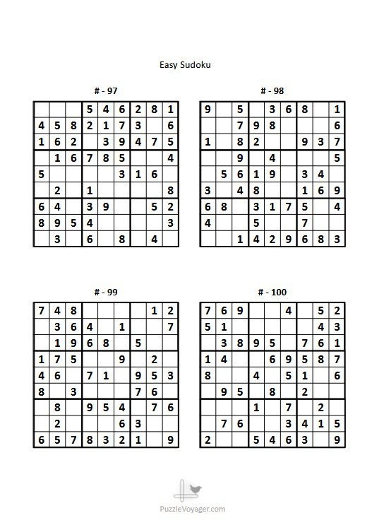 Free Easy Sudoku Puzzles (4 per Page, Printable & Downloadable) from PuzzleVoyager.com - Illustration