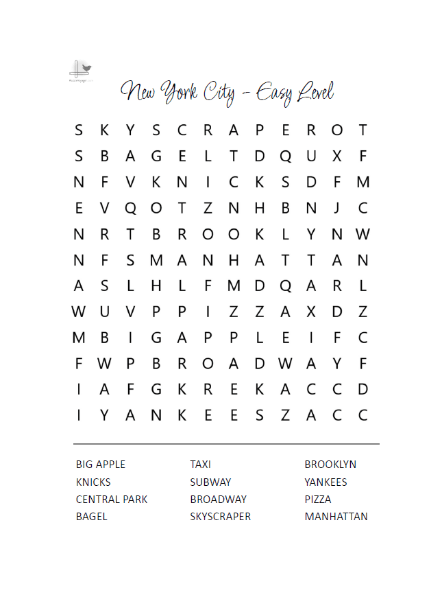 Easy New York City Word Search Game