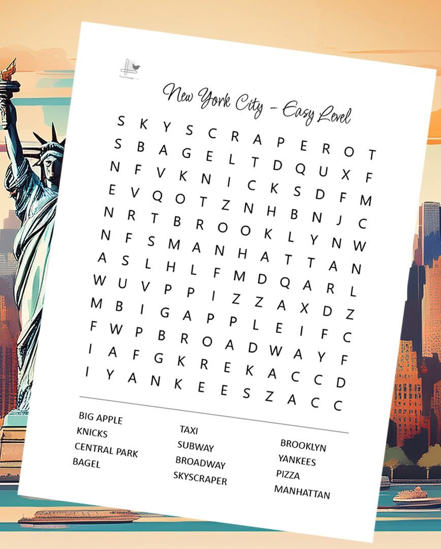 New York City Word Search - Easy Level Printable - PuzzleVoyager.com